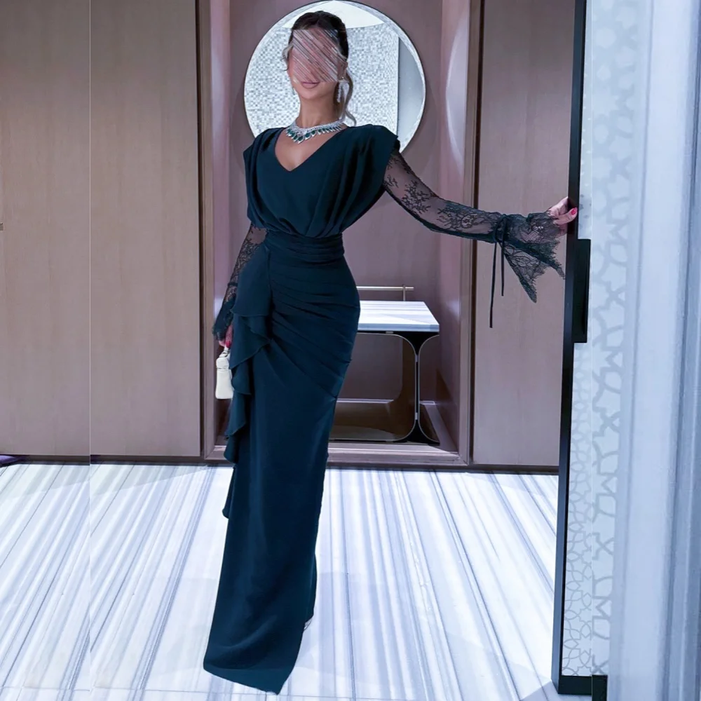 

Женские вечерние кружевные плиссированные джерси с рюшами по индивидуальному заказу, длинные платья с v-образным вырезом, элегантное вечернее платье на заказ, очаровательное