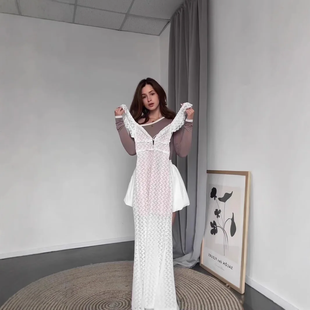 แฟชั่นลูกไม้ Hollow Out Lace Up ชุดเดรสฤดูใบไม้ผลิผู้หญิง V คอ Backless สะโพกฤดูร้อนเอวสูง Slim ข้อเท้าความยาวชุด