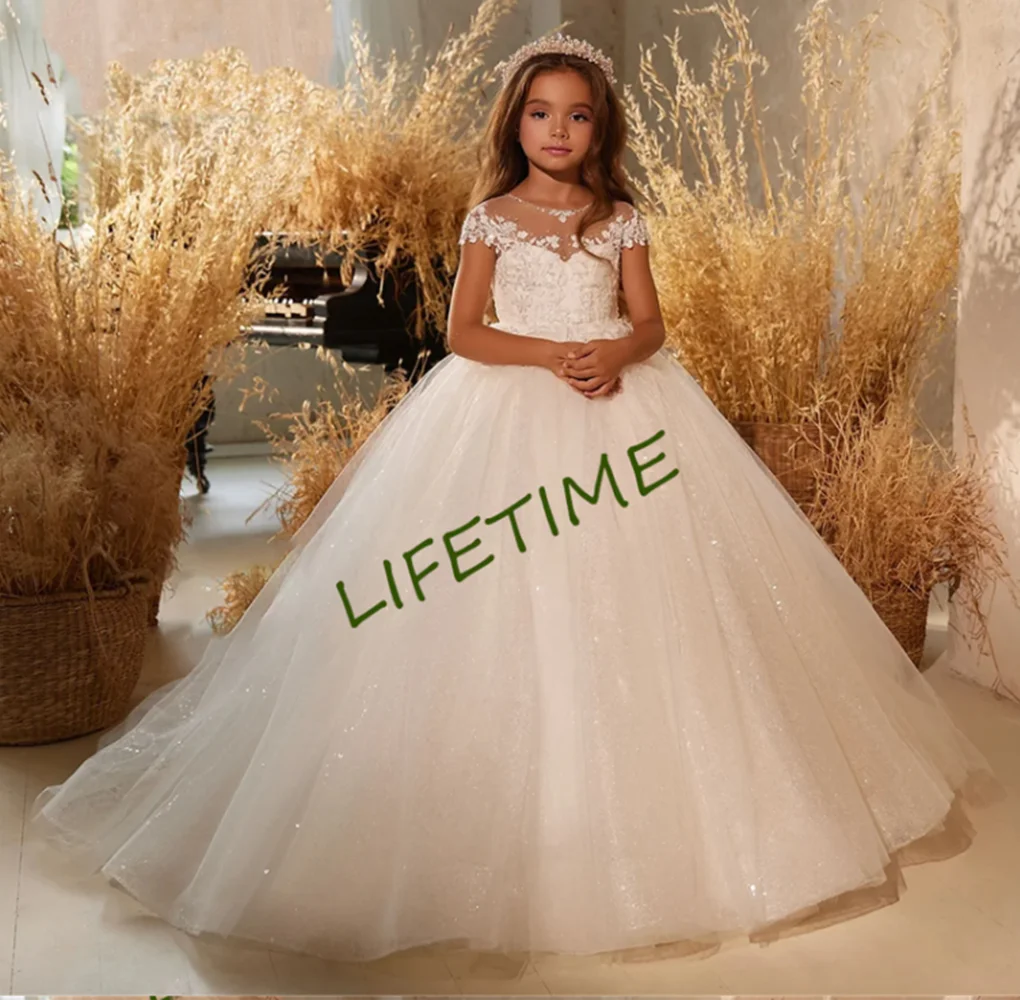 

Lace Flower Girl Dress Puffy Ivory Wedding Party Dresses Cute Baby Girl Dress Princess Dress First Communion Gown