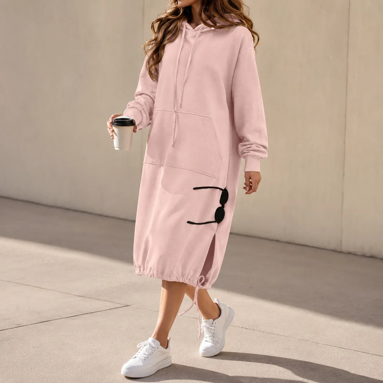 Hooded Pocket Loose Fit Commute Style Hoodie with Long Sleeve Long Length Regular Thickness Pullover Winter Women Hoodie