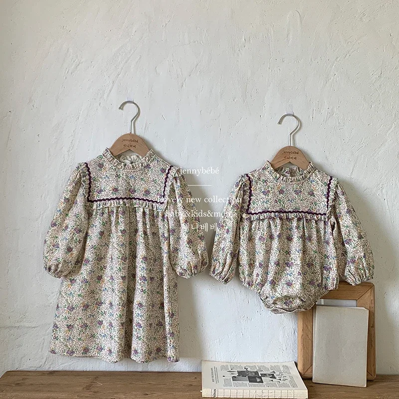 Spring Vintage Toddler Girls Dress Casual Floral Ruffles Romper Baby Clothes Sister Matching Flowers Costumes Kids' Clothing