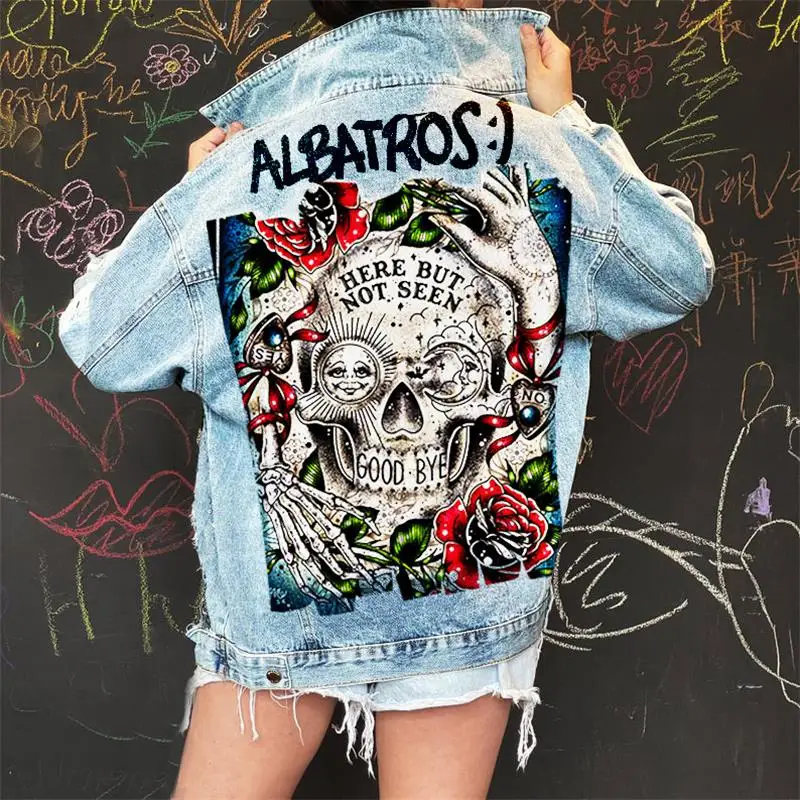 Women's Denim Jacket Spring And Autumn New Skeleton Bones Europe And America Dark Wind Casual Plus-Size Coat