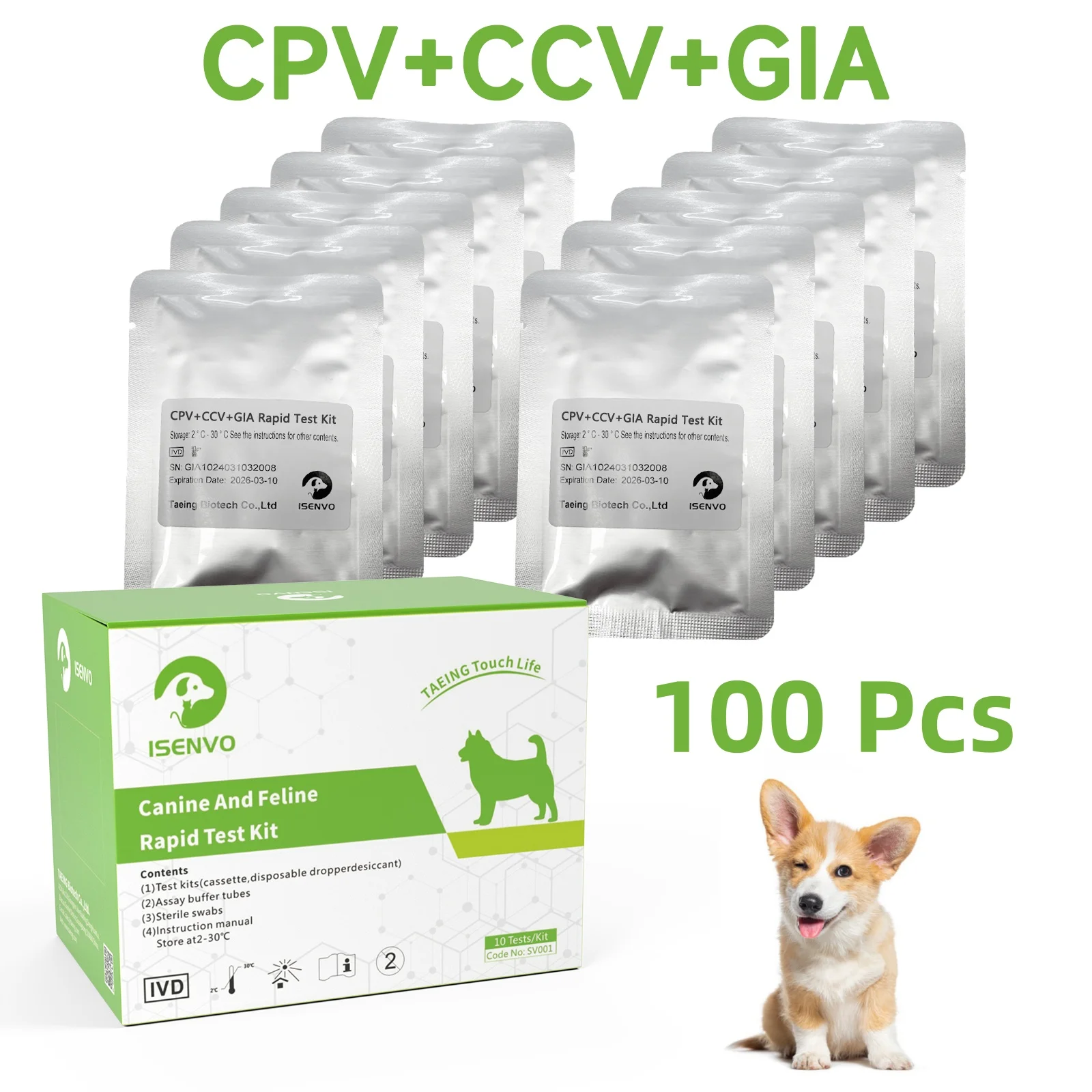 

100 Pcs Canine CPV+CCV+GIA Ag Combined 3-in-1 Rapid Test Kit Home Health Test For Dogs Veterinary