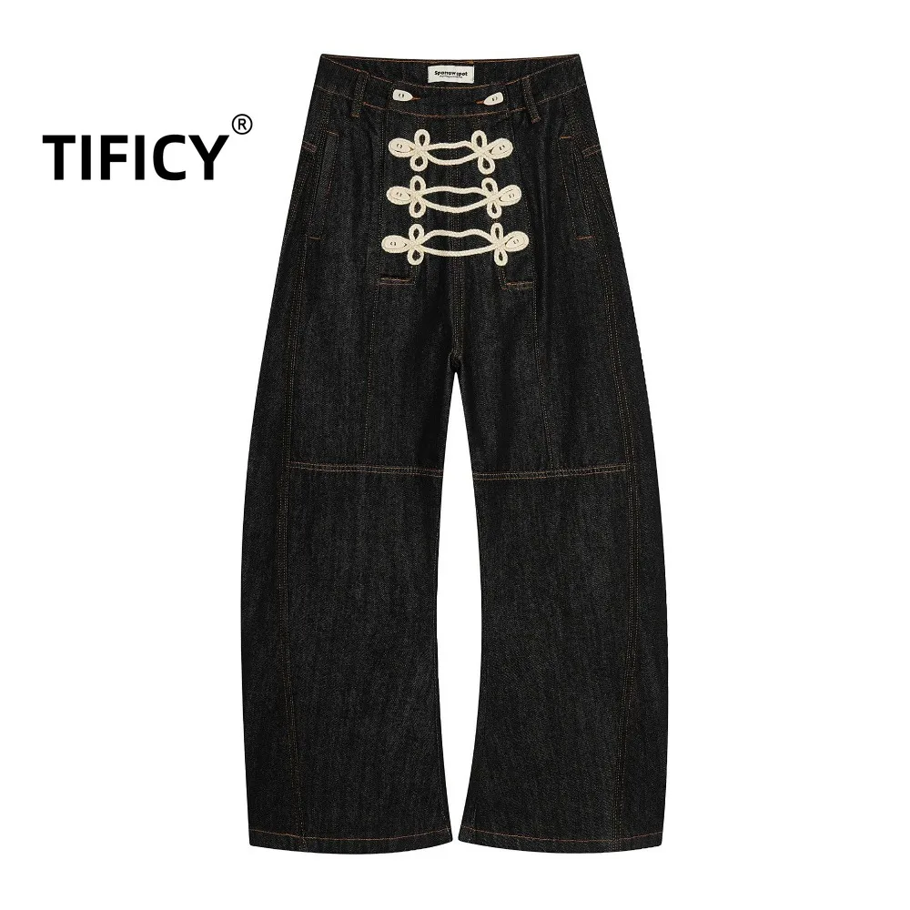 High Street Jean Pants Women's Palace Knot Placket Deconstruction Loose Street Wide Leg Curved Knife Denim Pants