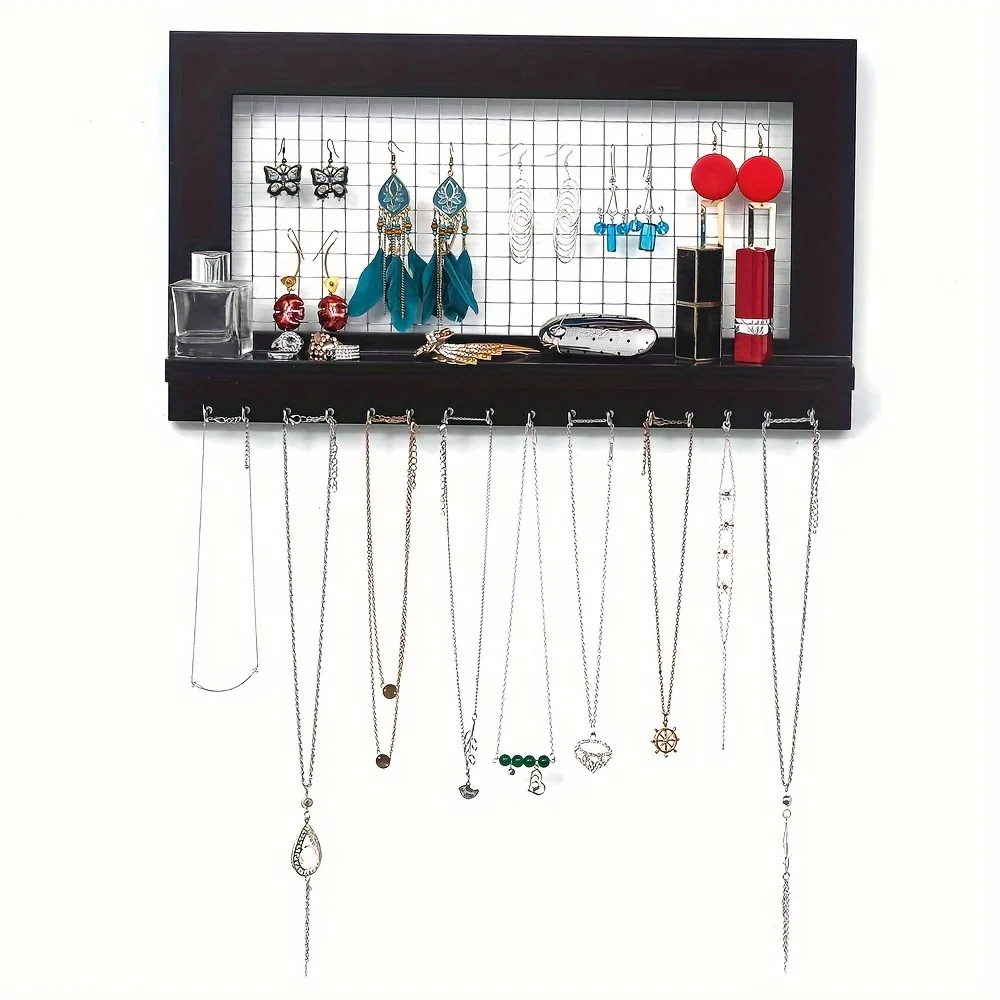 Manager - Wall Mounted Jewelry Stand   Shelf And 16  - Perfect Earrings  Necklaces And Bracelet Stand - Black