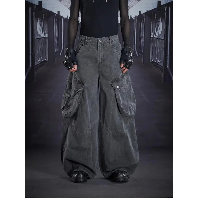 Unisex Y2K Grey Washed Multi Pocket Super Baggy Cargo Jeans Oversized Wide Leg Denim Trousers