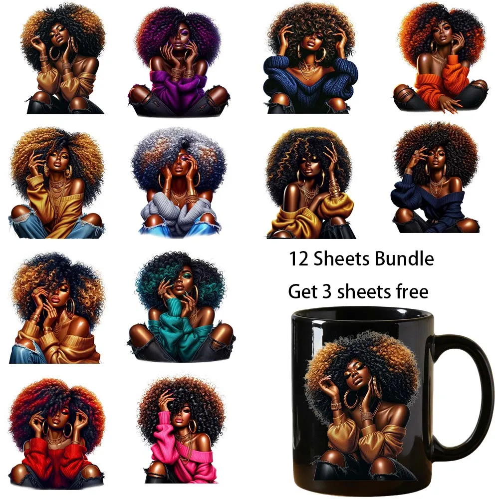 12 Bundle 4 inches Black Afro Women Party DIY Decals 3D transfers uvdtf tumbler seal stickers 16oz uv dtf cup wraps