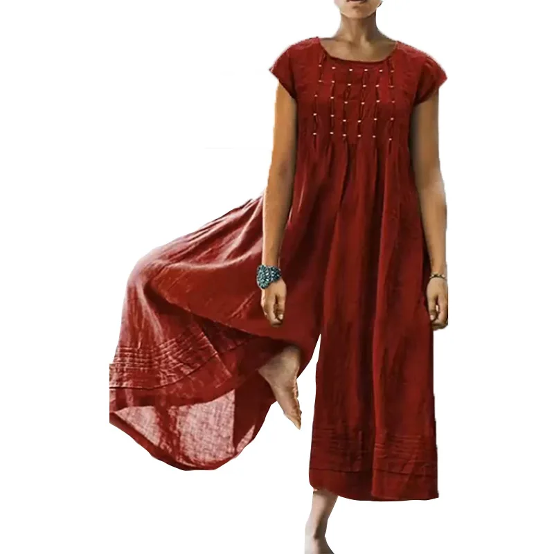 2025 elegante casual manga curta macacão feminino cor sólida comprimento médio algodão camisa de linho macacões longos para o verão mais