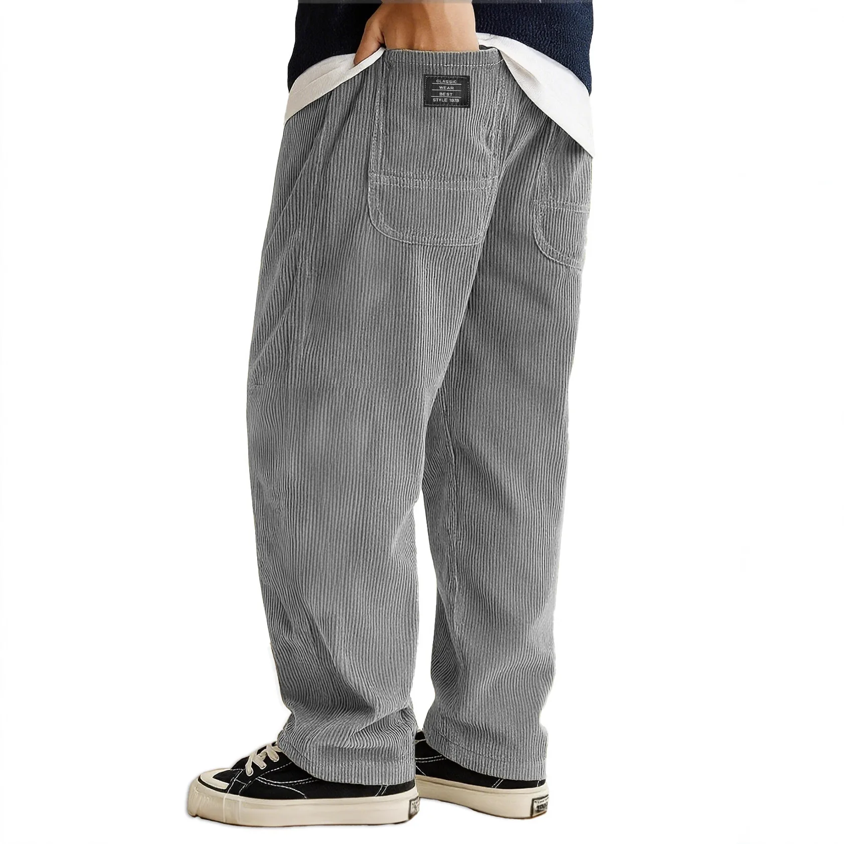 

Men's Casual Loose Corduroy Letter Embroidery Logo Pocket Pants Casual Sweatpants Sport Thermal Trousers