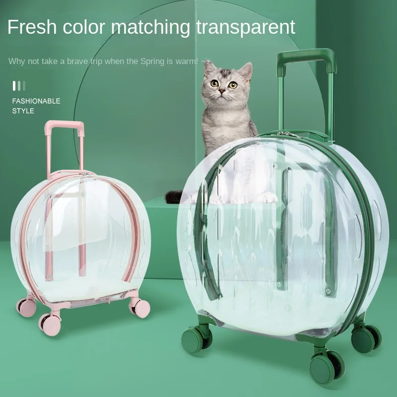 Maleta con ruedas para mascotas, bolsa transparente de gran capacidad para gato, impermeable, transpirable, portátil maleta de viaje