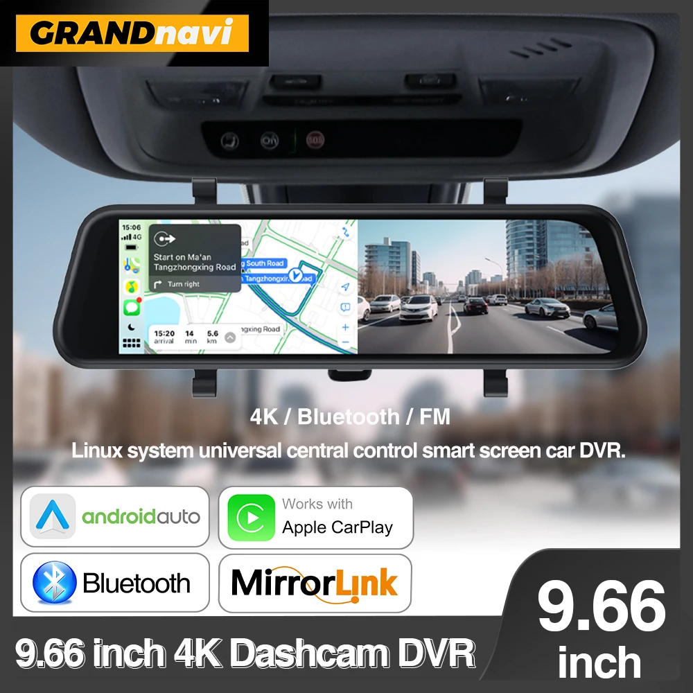 Grandnavi 4K Car DVR Mirror camera for car touch screen Dash cam Recorder Dual Lens Night Version Carplay Android Auto 9.66 inch