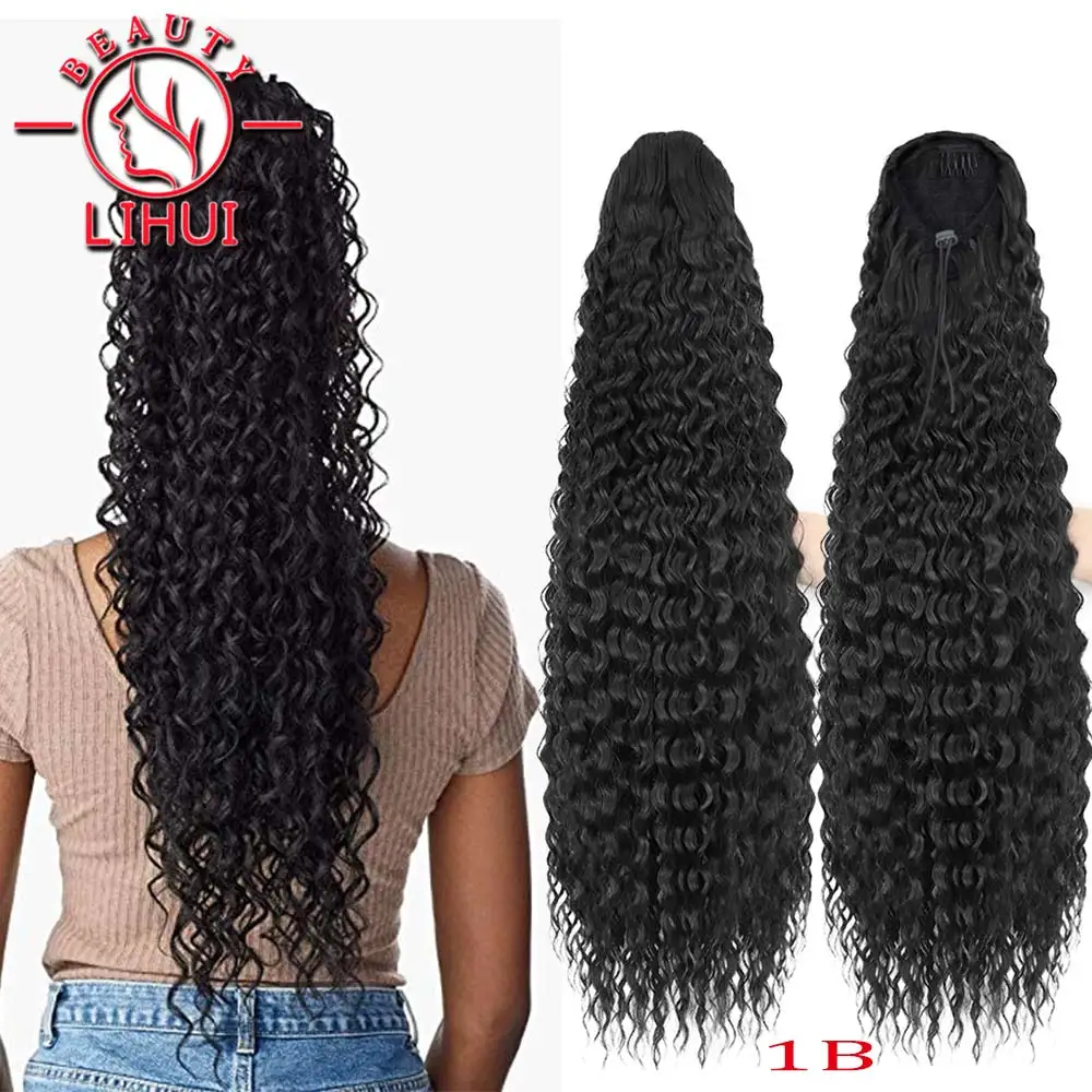 Lihui Synthetic Long Kinky Curly Ponytail Synthetic Drawstring Ponytail Clip-In Hair Extension For Women Natural Looking 22inch