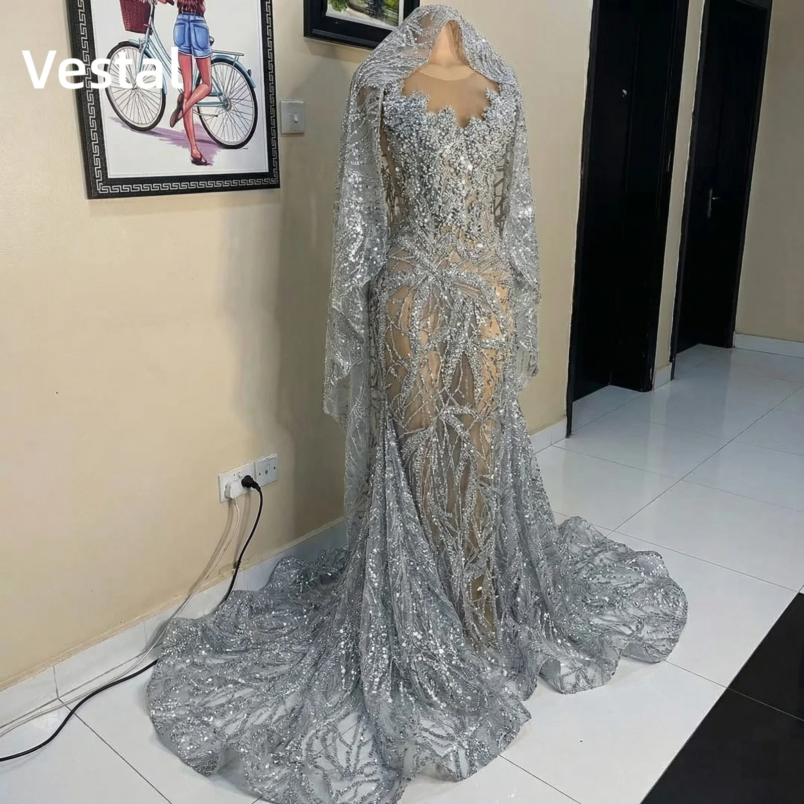 

Silver Beaded Prom Gown with Cape Sheer Mermaid Silhouette Evening Dress Customized