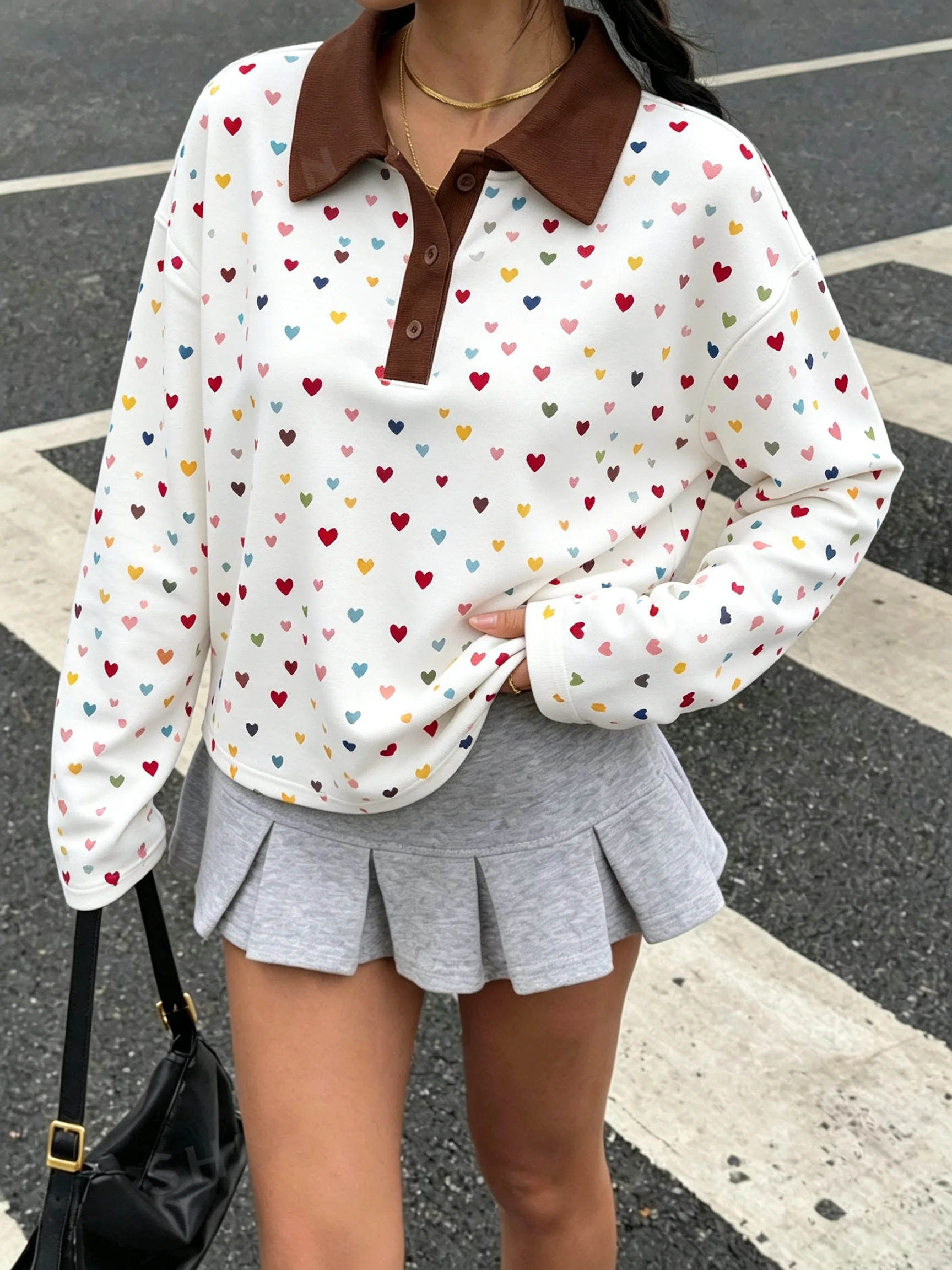 Damen-Hoodie mit geometrischem Muster und Farbblock-Design, Langarm, lässiger Revers-Knopfverschluss, für den Alltag im Herbst und auf Reisen. – Detail 6