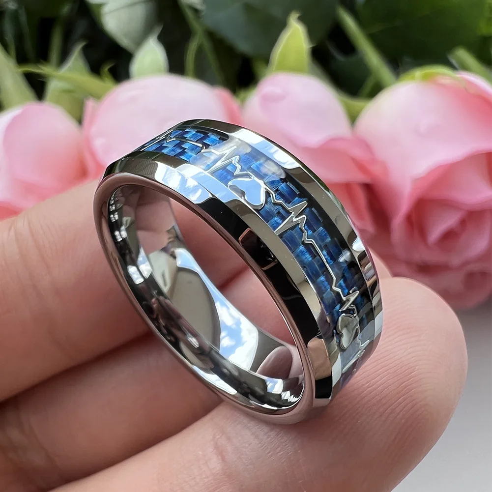 Fashion 8mm SilverBlue Carbon Fiber Heart Inlay Tungsten Carbide Engagement Rings Wedding Bands Domed Polished Shiny Comfort Fit