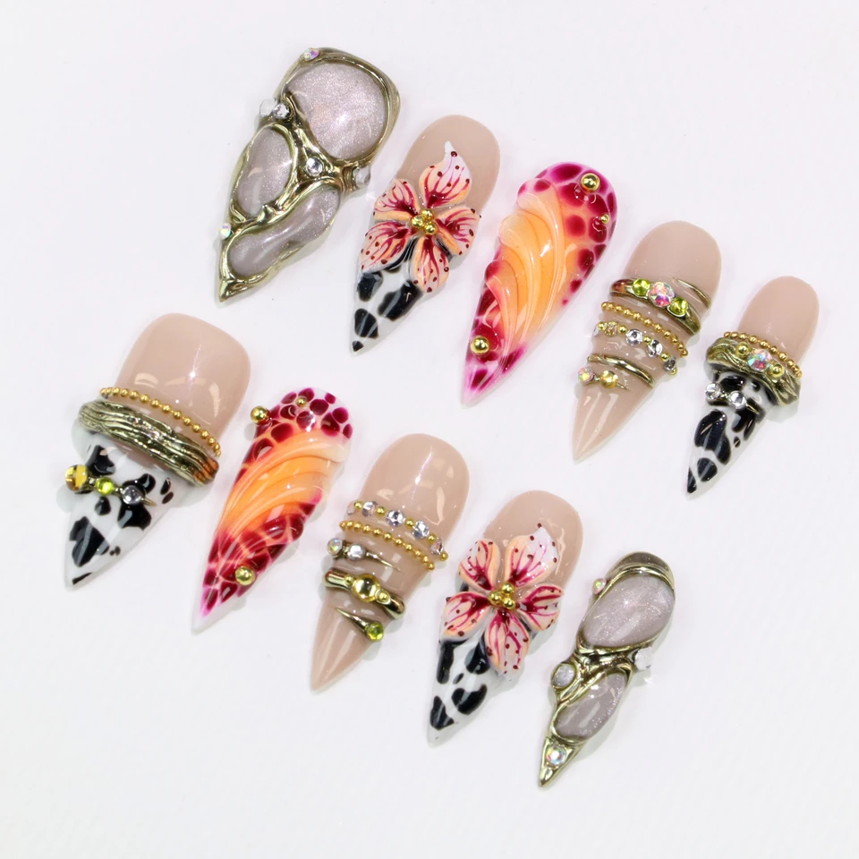 10 uñas personalizadas largas stiletto con flores góticas pintadas a mano, para bodas y eventos 3