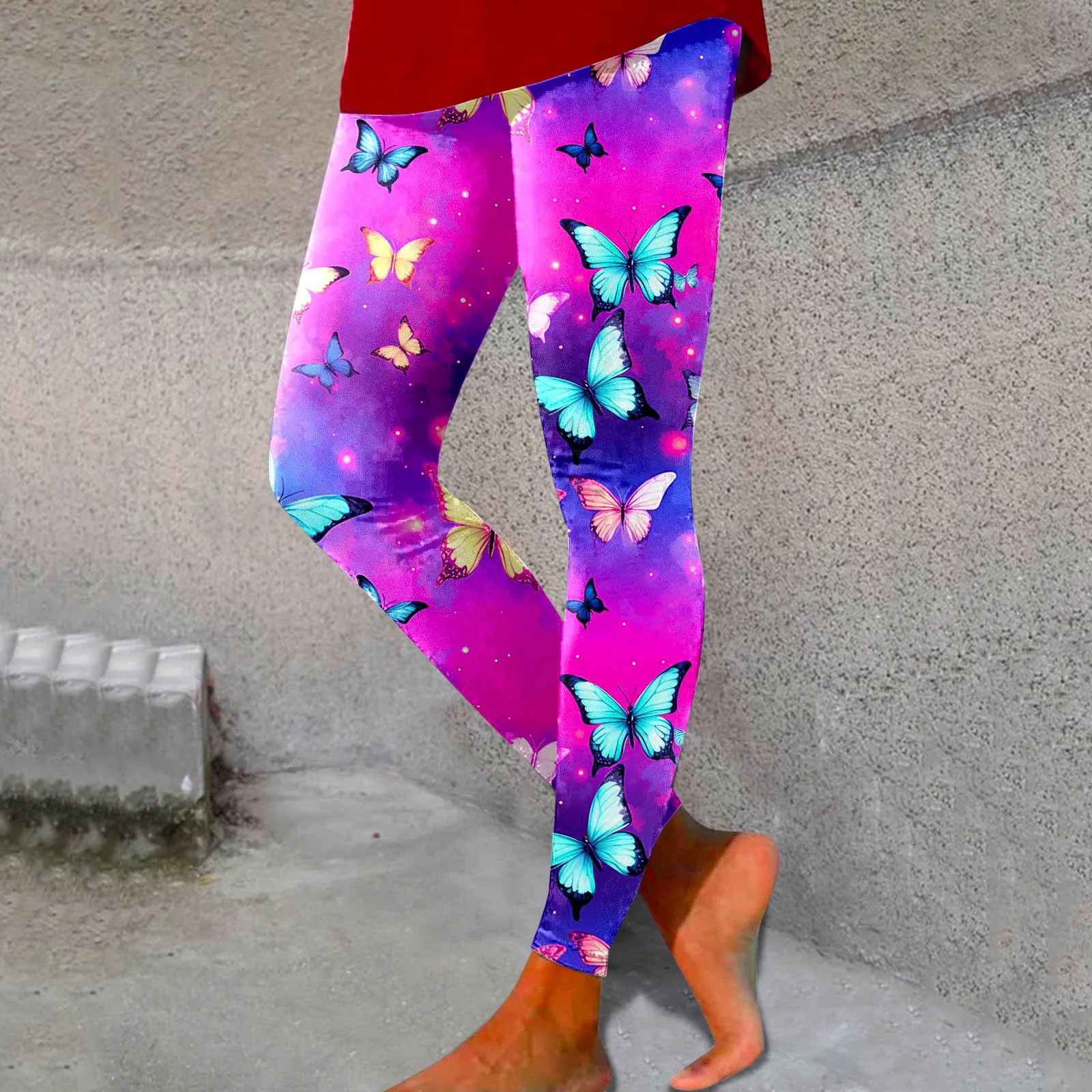 Women'S Summer Hip Lift Fitness Leggings Butterfly Print Colorful Leggings High Waisted Slim-Fit Yoga Sports Pants Trend Legging