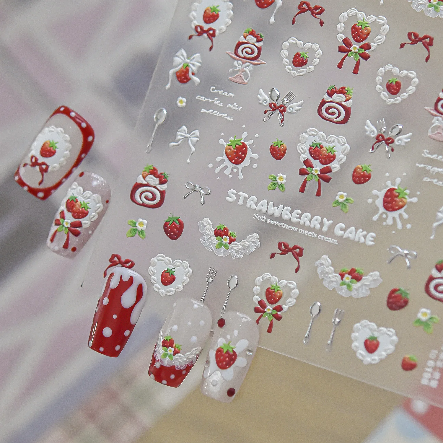 Sweet Lolita Dessert 5D Nail Decals Strawberry Cake Cream Lace Bow Knife Fork Lace Self Adhesive Nail Art Stickers Manicure DIY