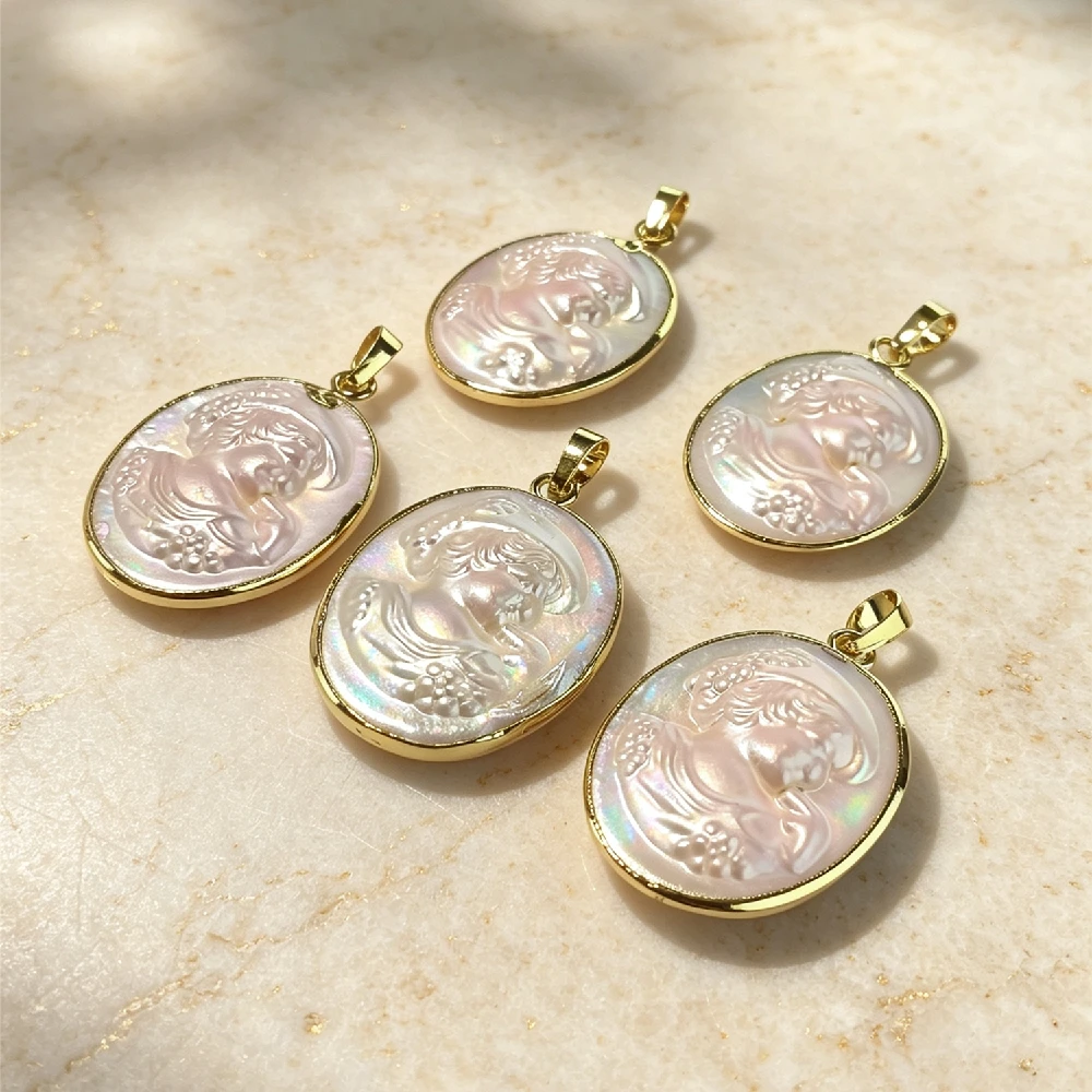 Vintage Oval Lady Cameo MOP Shell Charms Natural White Mother Of Pearl Golden Plated Frame DIY Earring Necklace Craft P2D677