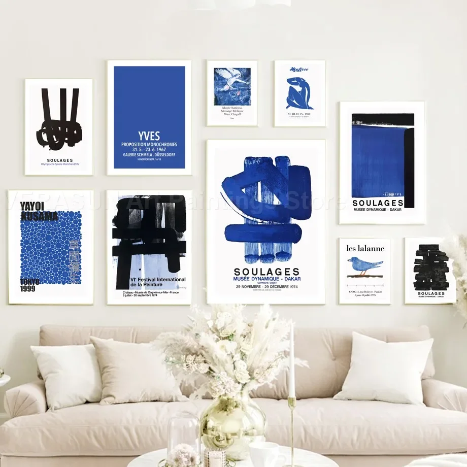 ملصقات ومطبوعات على القماش ، فن جداري أزرق ، روح ولالين ، ماتيس يايوي وكوساما ، شاغال ، صورة لديكور غرفة المعيشة #4