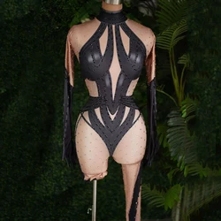 Drag Queen Outfit Sexy Gogo Dancer Costume Women Fake Nude Full Rhinestones Jumpsuit Bar Nightclub Ds Dj Rave Clothes XS8473