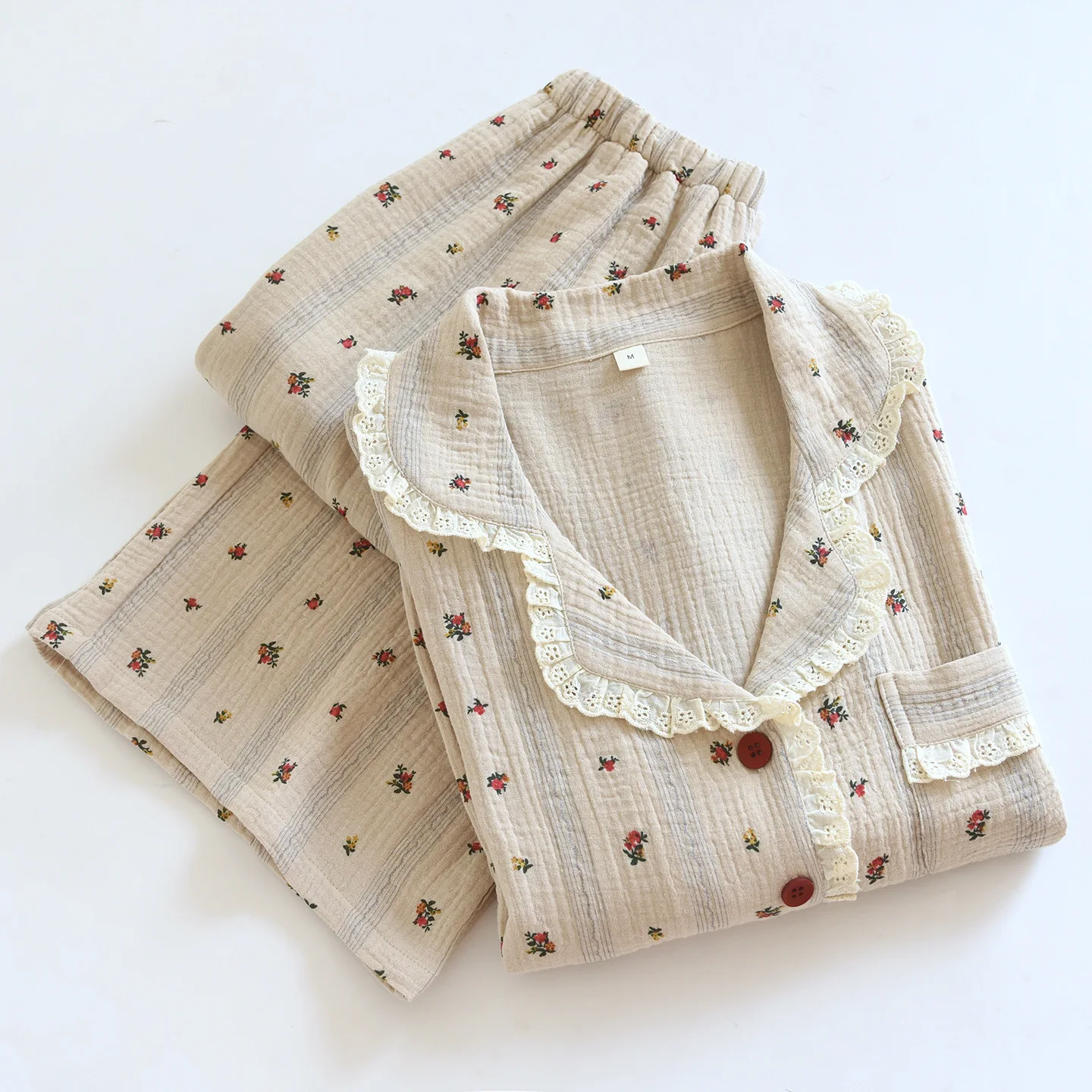 

Spring Summer Women's Print Floral Striped Pajama Set Lace Trim Lapel Cotton Crepe Long sleeved Pants Cardigan Cute Homewear