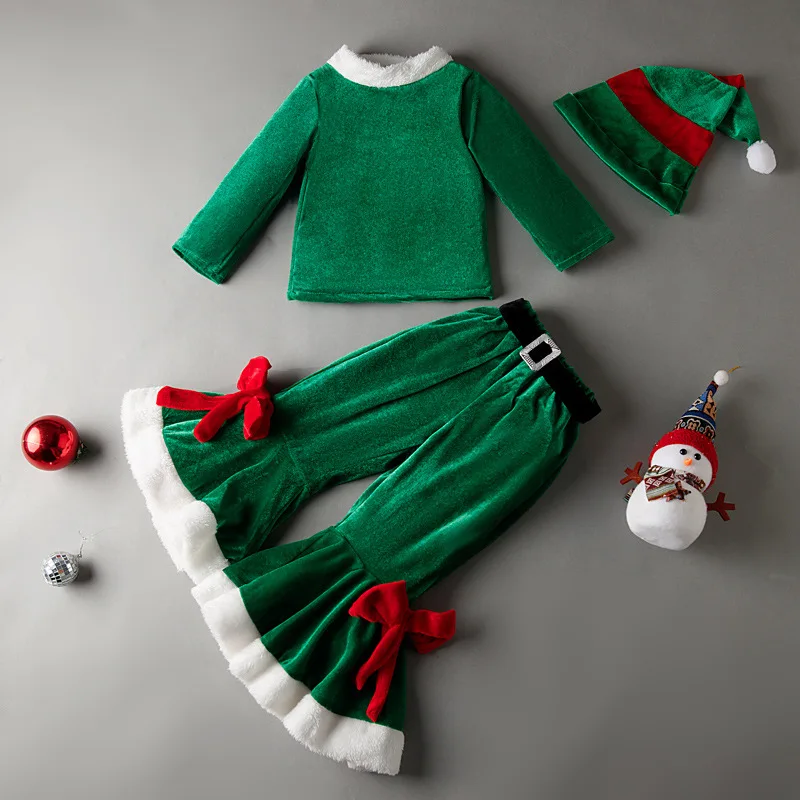 Kids Christmas Elves Costume for Girls Boys Carnival Party Santa Claus Long Sleeves Top+Pants+Hat 2025 New Year Clothes SetP