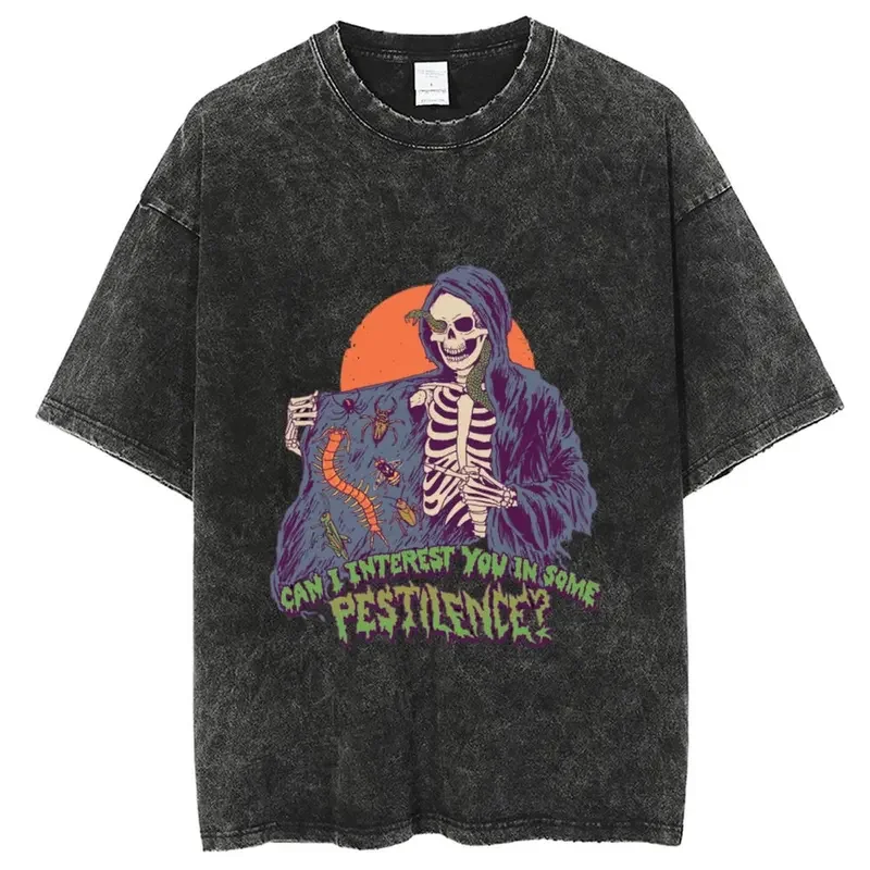 Y2K Clothing T Shirts Men, Evil Ghost Theme Series Printed Pattern Streetwear, Unisex Washed Round Neck Long Sleeve T-Shirt