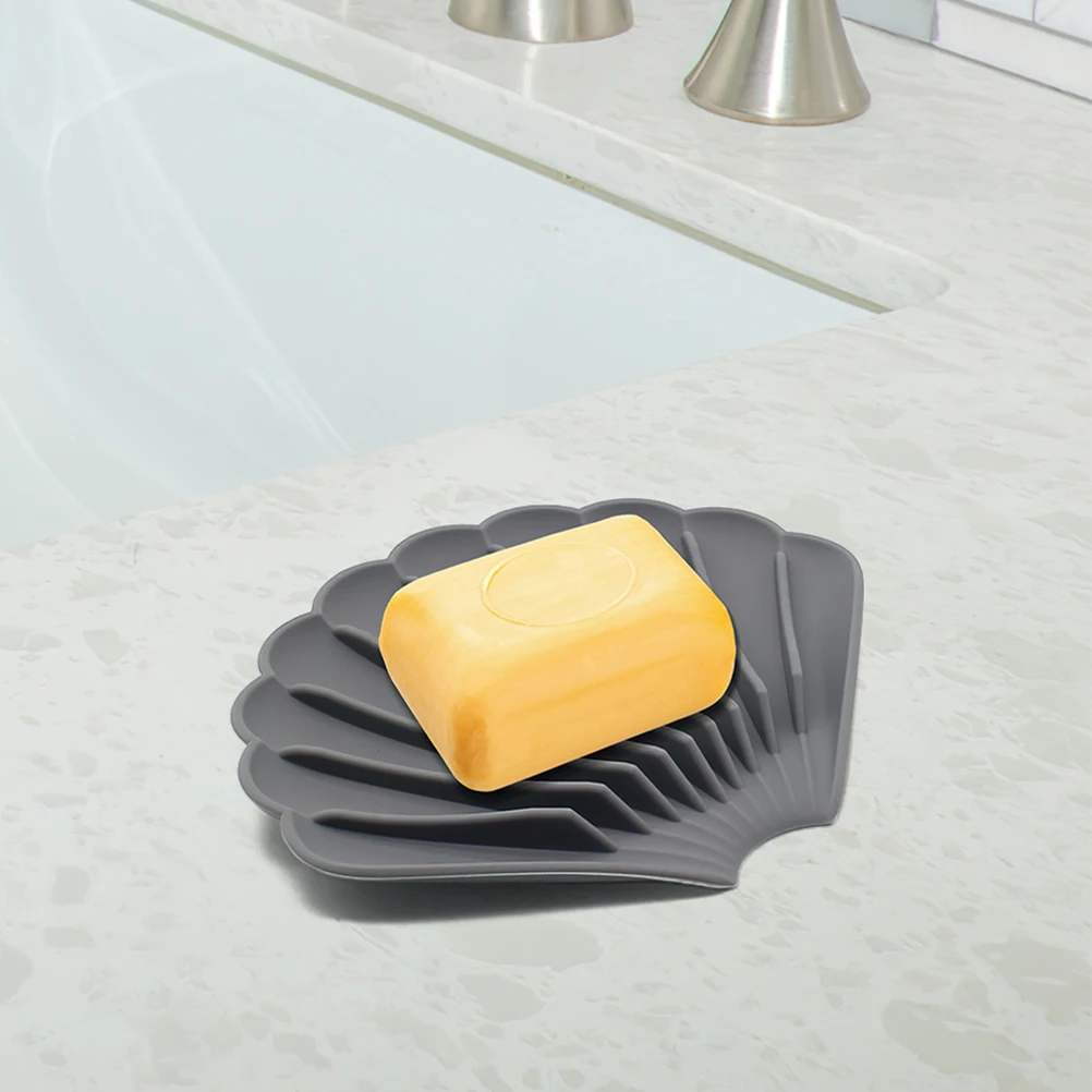 

4pcs Shell shaped Self draining Silicone Soap Dish Holder Gray White Countertop Draining Tray Storage Shower Bathroom Kitchen