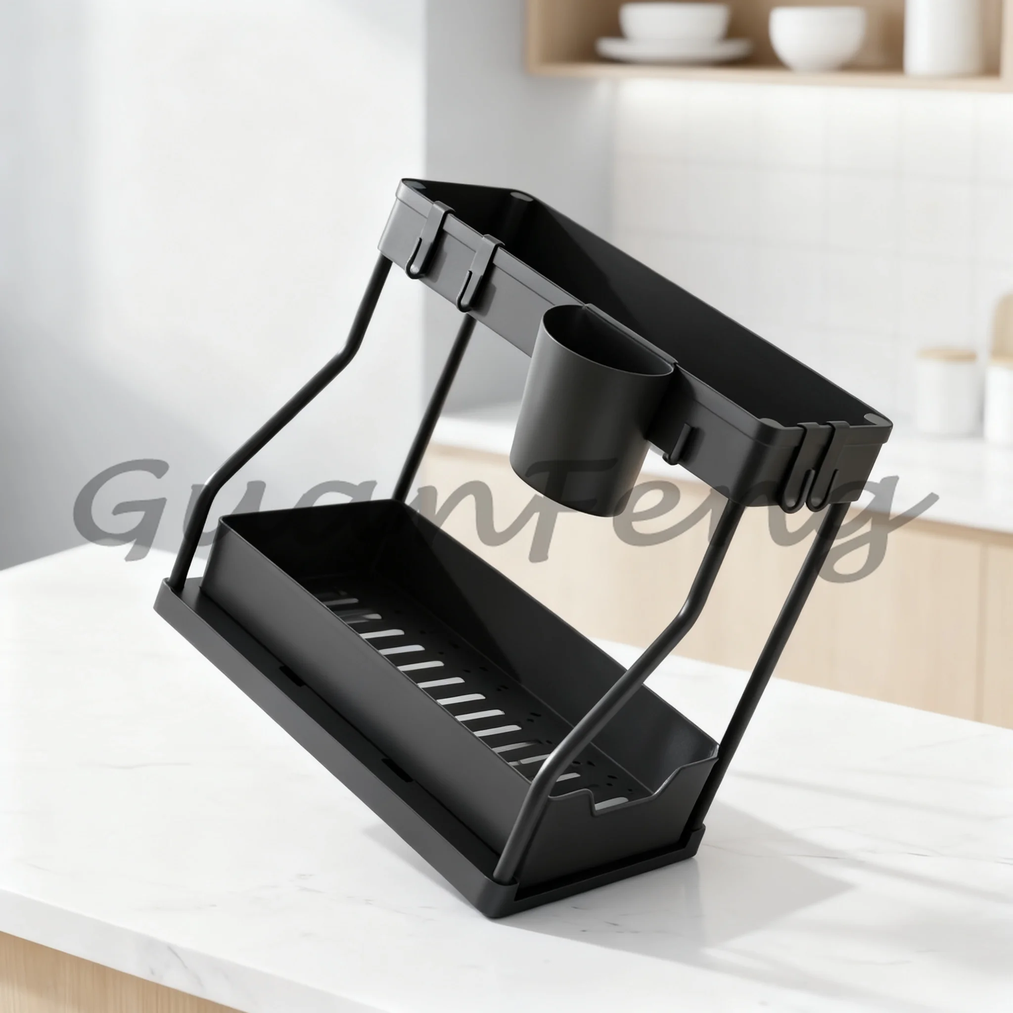 2-Drawer Under Sink Storage Rack Black Metal Frame with Cup Holder Space Saving Organizer for Kitchen & Bathroom Use