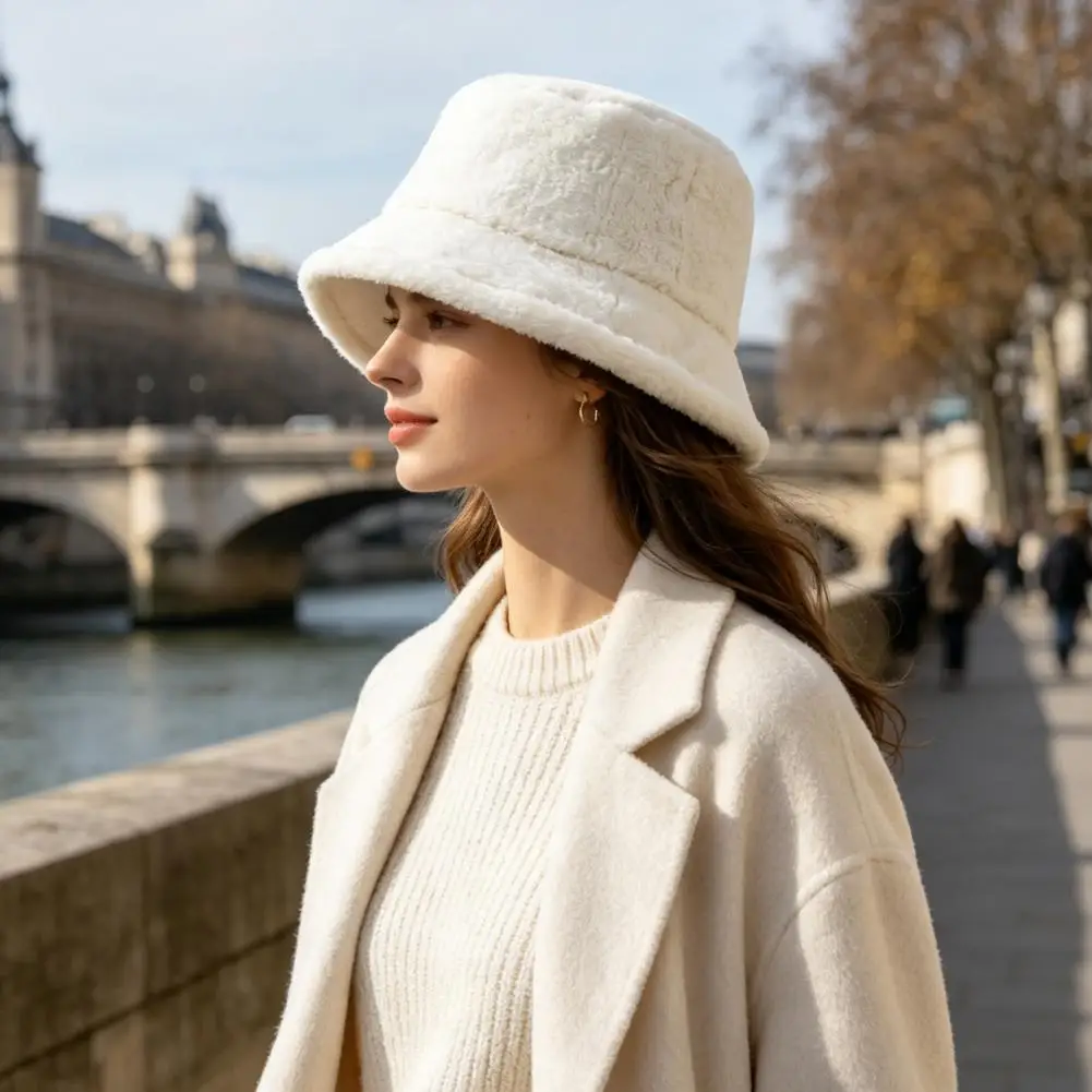 Winter Warm Plush Fisherman Hat Comfortable Skin Head Gear Women Plush Bucket Hat Winter Warm Fisherman Cap Cozy Soft for Autumn