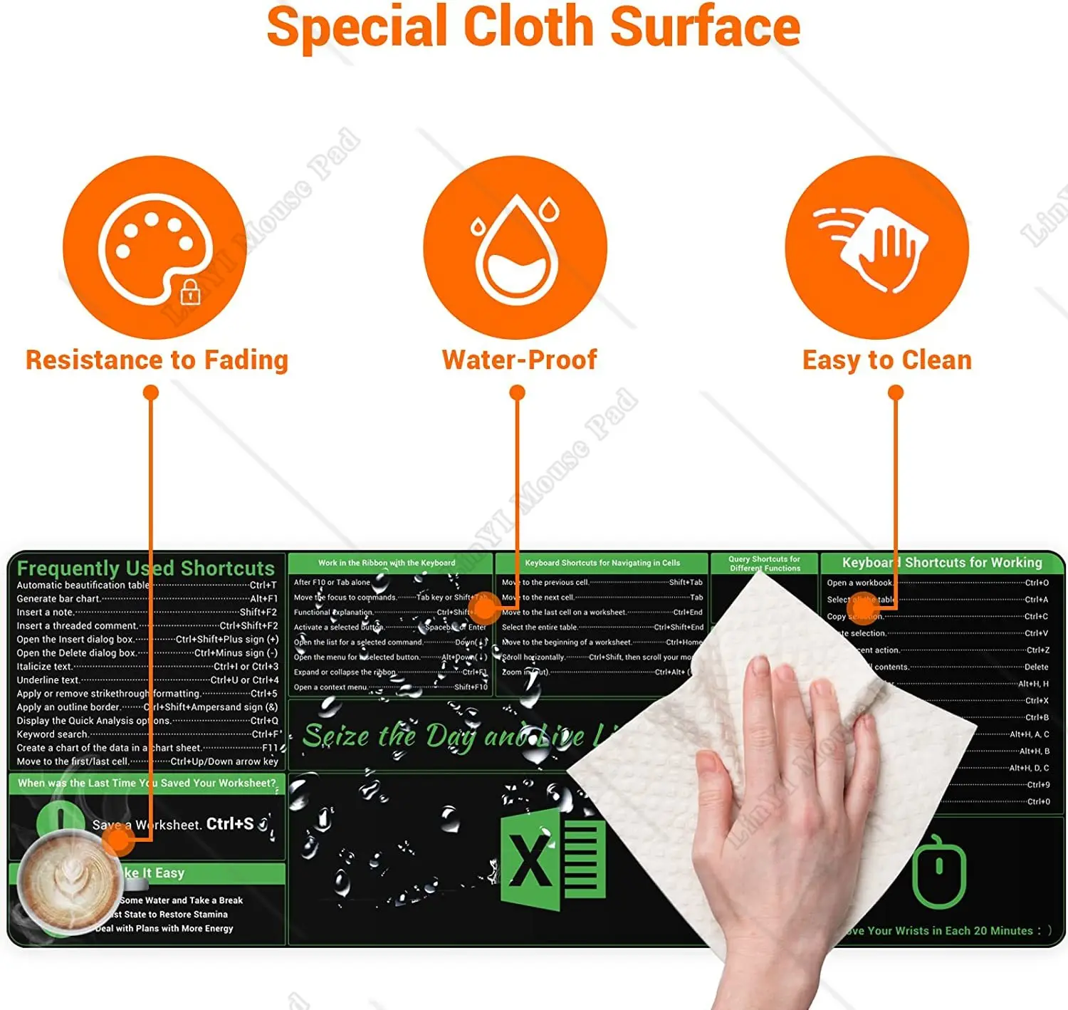 Large Excel Shortcut Mouse Pad Extended Mouse Pad with Stitched Edges Non-Slip Base Keyboard Mats for Desk, 31.5x11.8