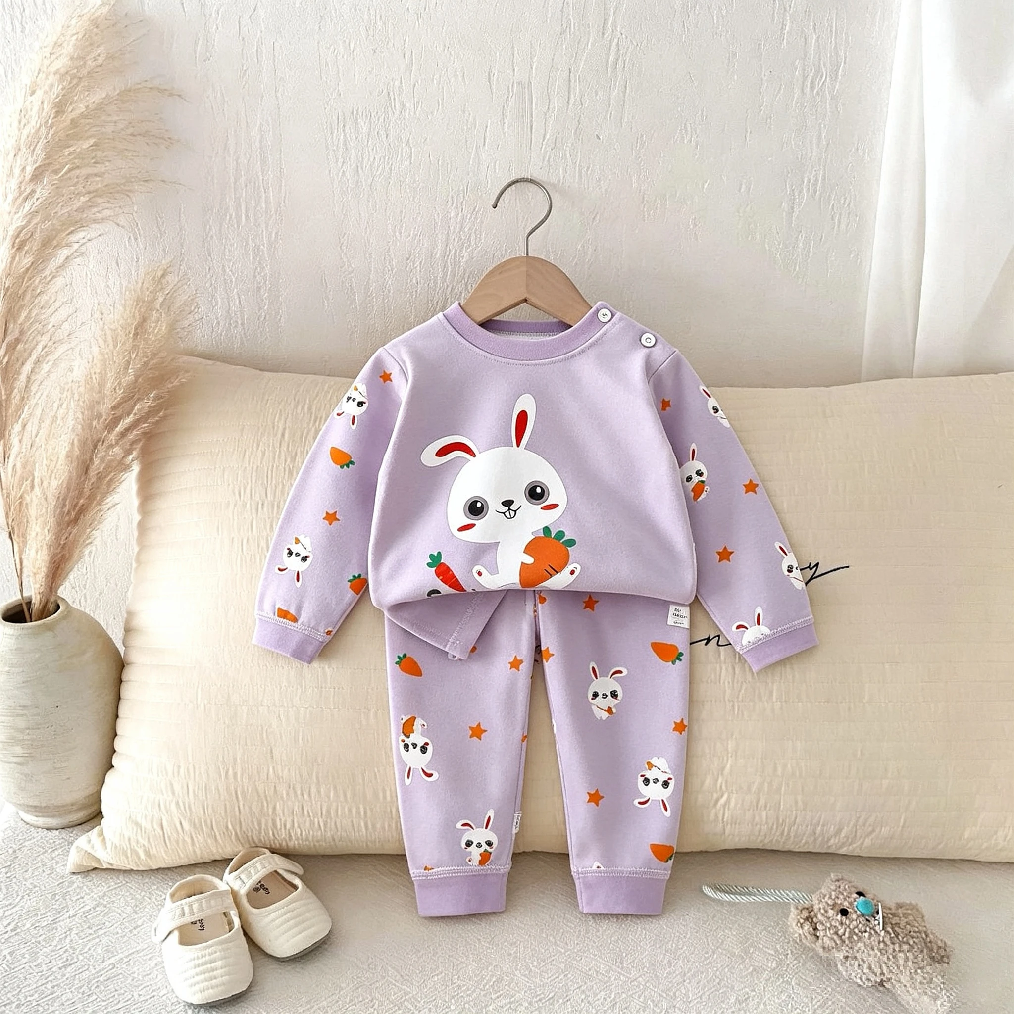 Cartoon Cute Baby Underwear Set Long Sleeve Tops + Pants Autumn Clothes Comfort Simple Toddler Pajamas Set Children Home Clothes