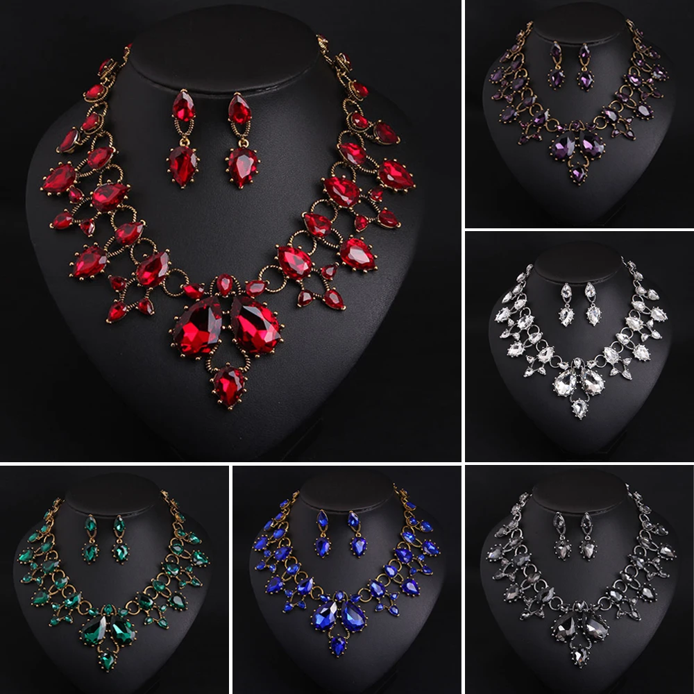 Luxury Statement Crystal Jewelry Sets Necklace Earring for Women Dinner Accessories Trendy Bride Wedding Banquet Gift Wholesale