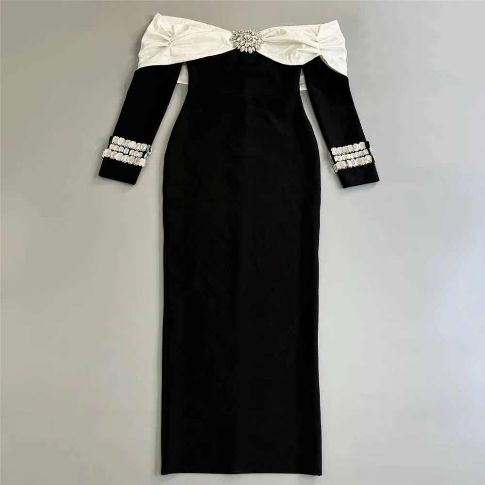 Women Beading Elegant Bandage Dress Sexy Off The Shoulder Long Sleeve Patchwork Clothing Club Party Celebrity Dresses