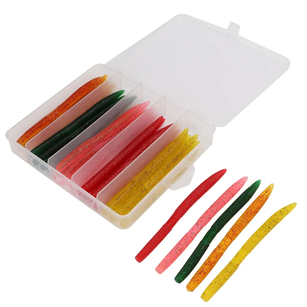 PVC Noodle Worm Baits with Reflective Sequins 14cm Artificial Bait with Rubber Rings 5 Colors Fishing Lures Freshwater Fishing