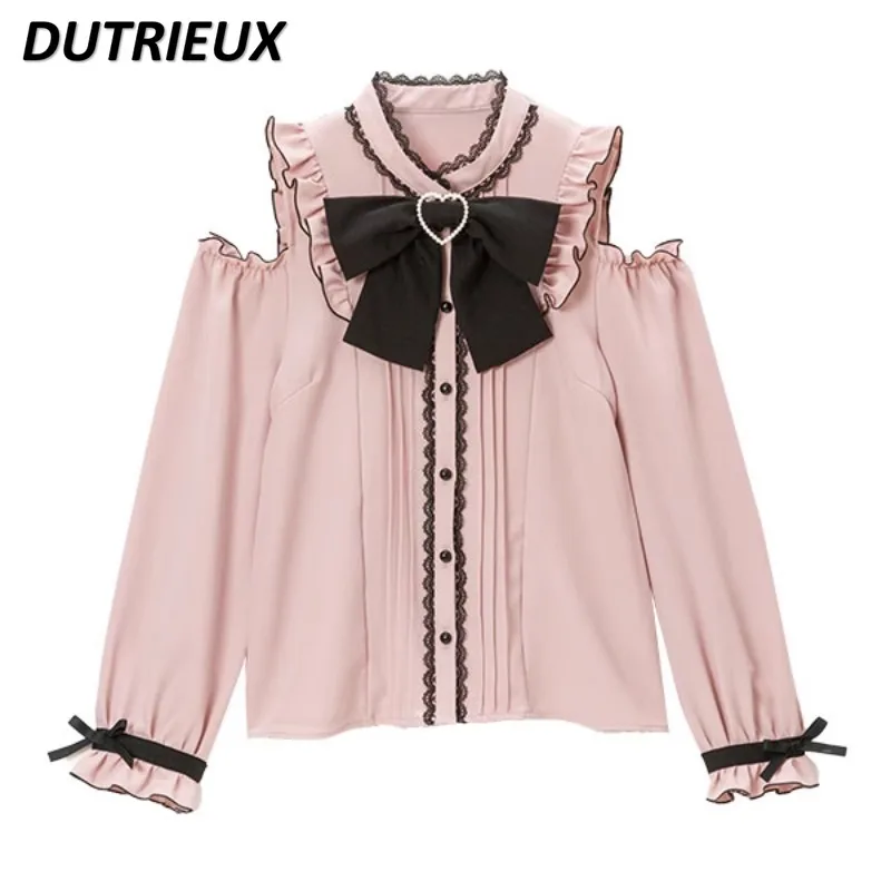 Mine Sweet Cute Female Long Sleeve All-Matching Blouse Off-the-Shoulder Pink Stand Collar Top Japanese Lolita Bottoming Shirt