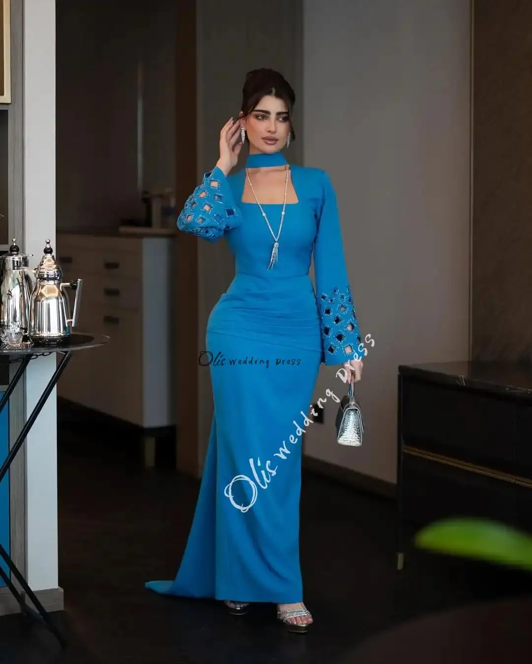 

customized Prom Dresses Women's Ankle Length Beaded Party Evening Dresses Long Sleeves Saudi Formal Occasion Gowns