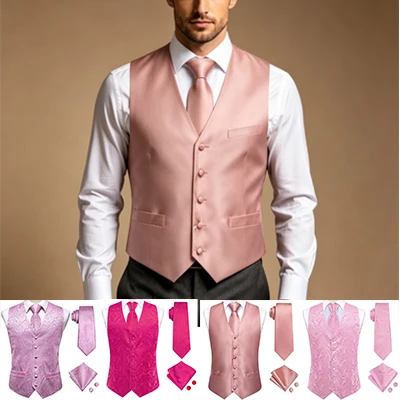 

Men Formal 4-in-1 V-Neck Waistcoat Set Vest Tie Pocket Square Cufflinks Ceremony Wear