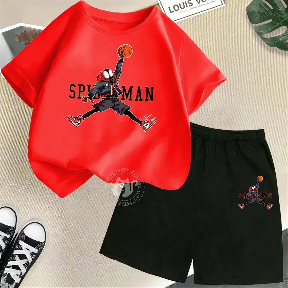 Summer Kids 100% cotton Short sleeve T-shirt + Shorts Boys Girls Spiderman Jump Play Basketball printed street casual suit