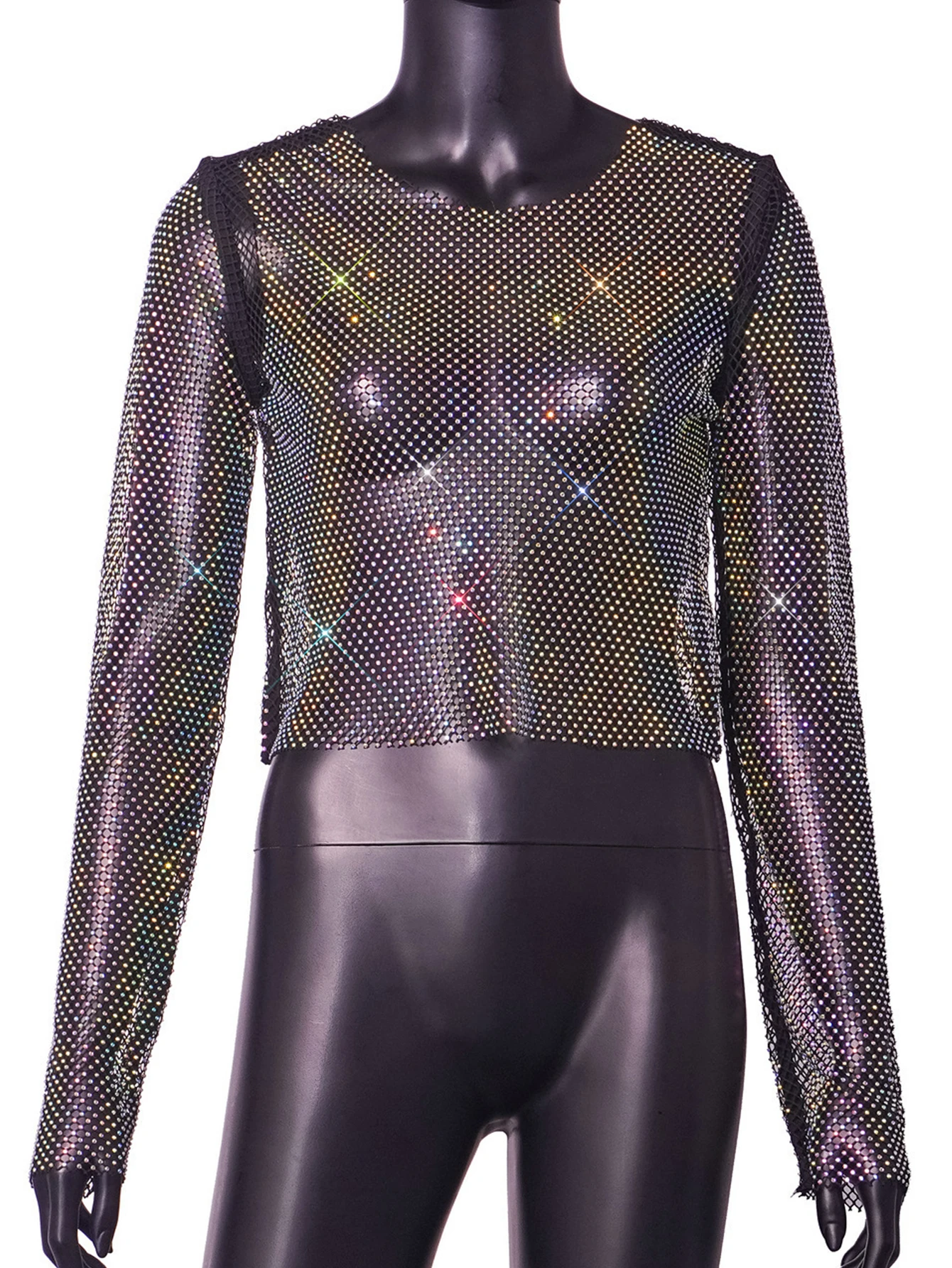 Seksowny top damski y2k 2025 letni brokatowy klub przezroczysty rhinestone plażowy top imprezowy długi rękaw kabaretki t shirt topy