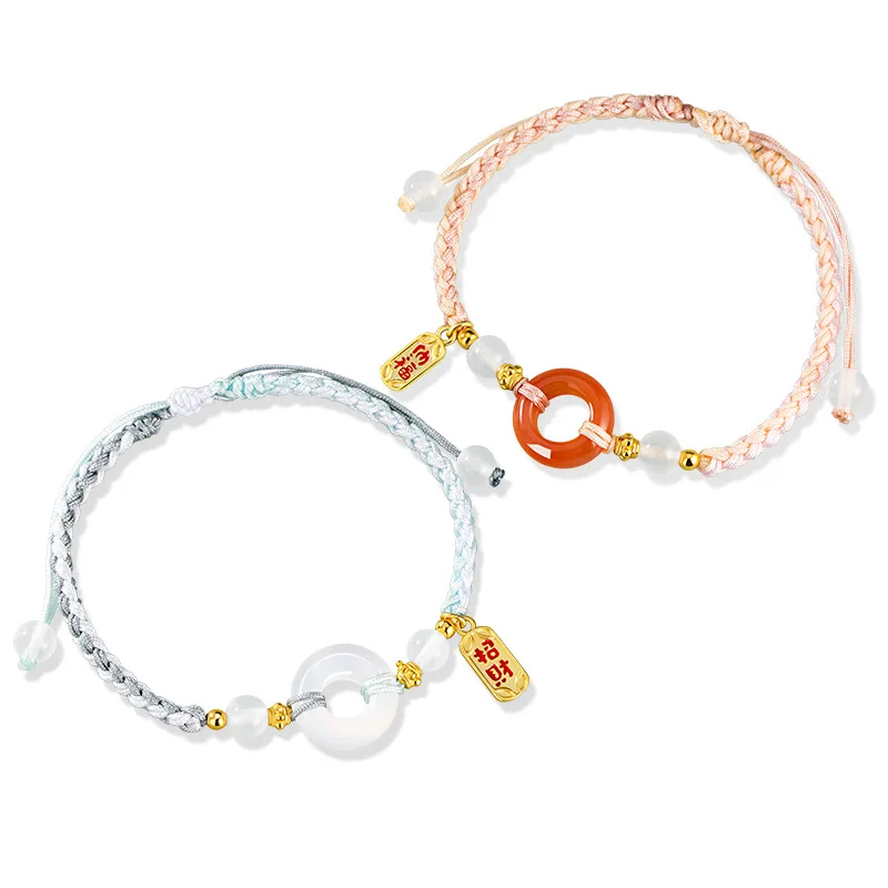 New Chinese Style S925 Silver Chalcedony Bracelet Peace Buckle Blessing Pendant Couples Perfect Festival Gift