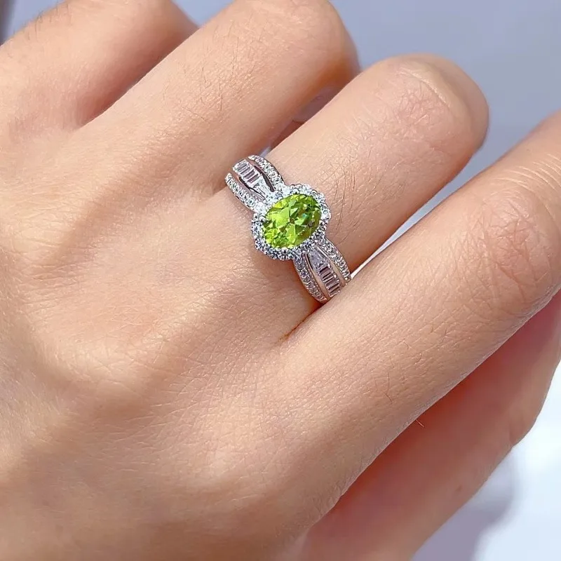 SACE GEMS Luxury 925 Sterling Silver Certified 5*7MM Natual Peridot Rings for Women Engagement Cocktail Party Fine Jewelry Gift