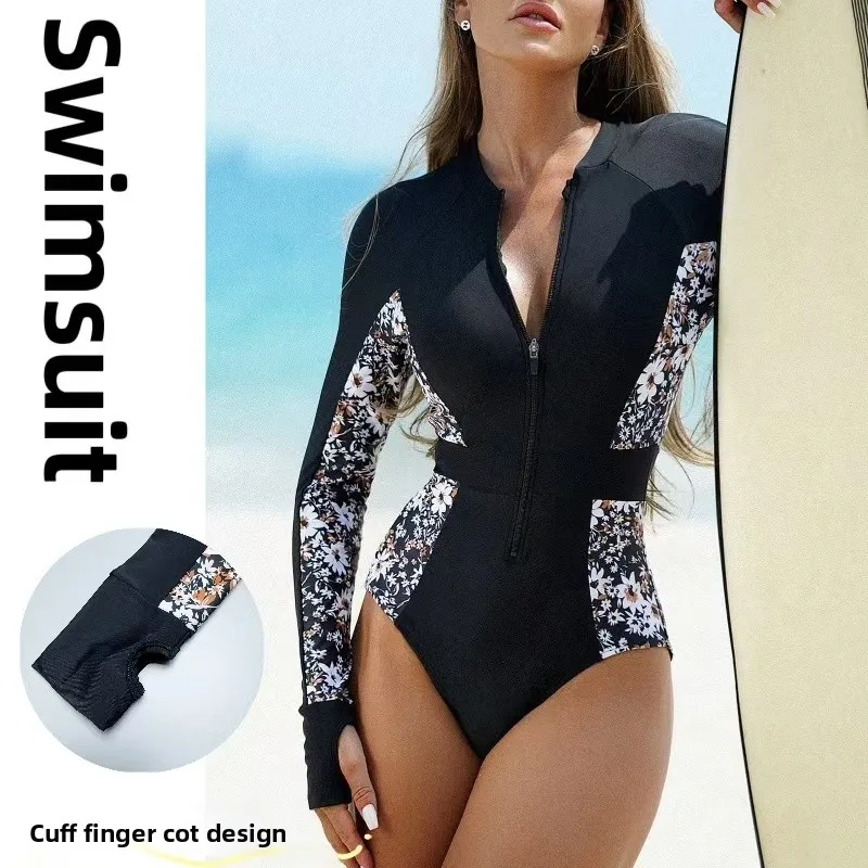

Консервативный женский купальник с длинными рукавами для серфинга, с подкладкой на груди, винтажный цветочный принт, из высокоэластичного нейлона