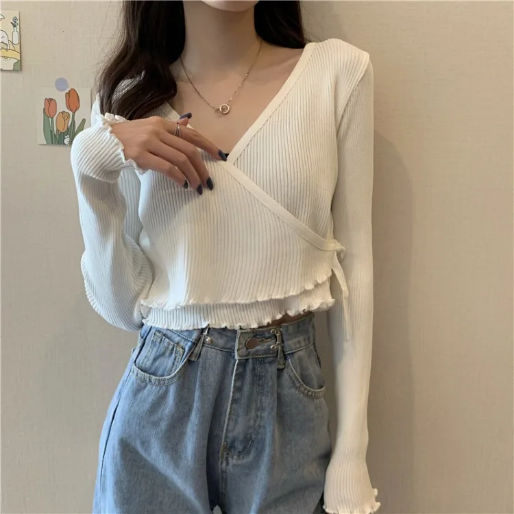 

Women Fall Long Sleeve Knitwear Tshirts Woman Solid Color Sexy Short T-Shirts 2023 New Korean Style Slim Body Blue Short Tops