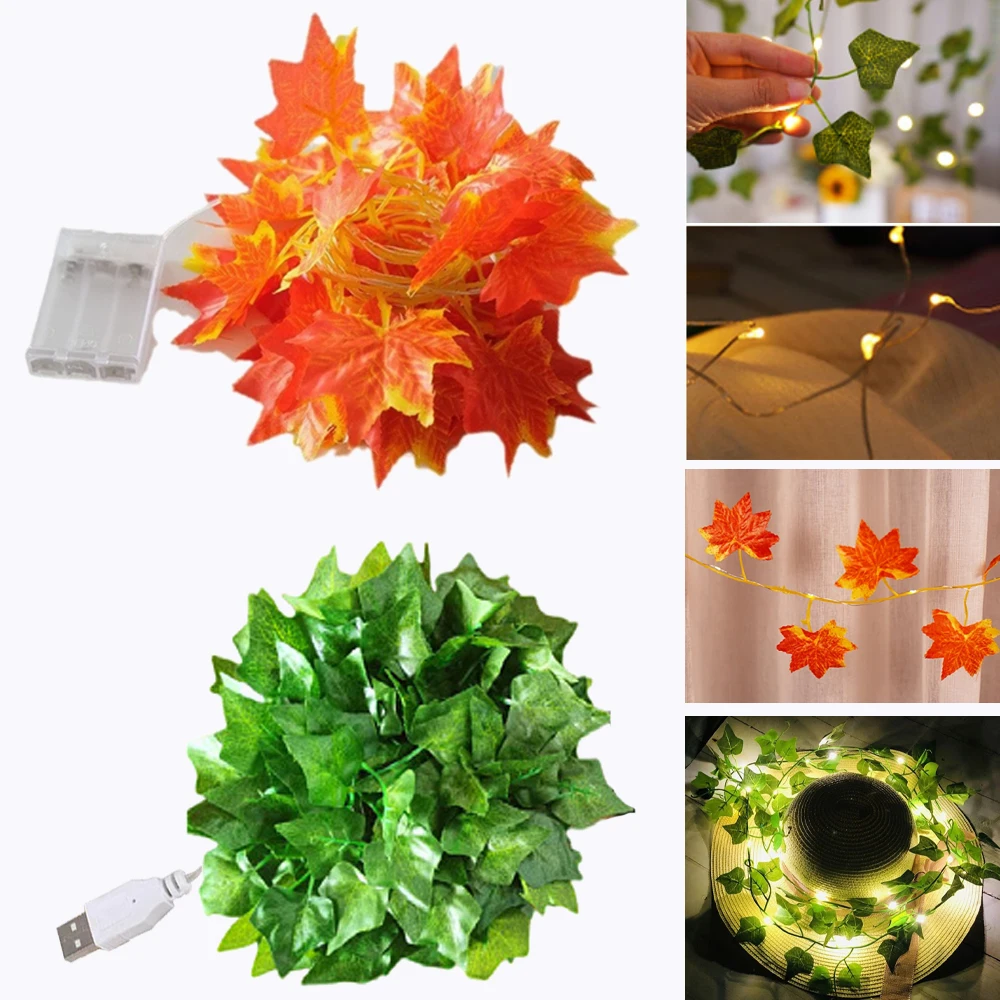 2M 5M 10M Esdoornblad LED Light String 5V USB/Batterij Groen Rode Bladeren Kerst Bruiloft Thuis Feestdecoratie Fairy Light
