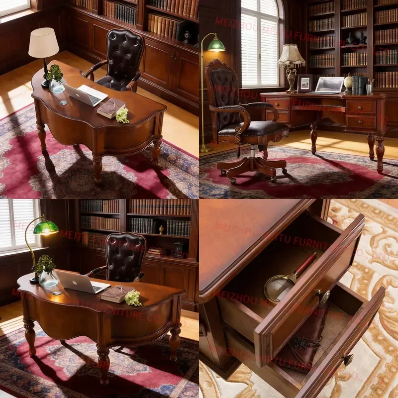 Solid Wood Cherry Finish 60-Inch Writing Desk with Keyboard Tray and 4 Storage Drawers Vintage Curved Desk for Home Office