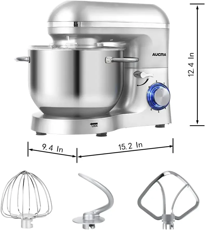 เครื่องผสมอาหารแบบตั้งพื้น,เครื่องผสมอาหารแบบเอียงหัว 6 สปีด 6.5-QT 660W,เครื่องผสมอาหารไฟฟ้าในครัวพร้อมตะขอเกี่ยวแป้ง, แส้ลวดและเครื่องตี (6.5QT, S