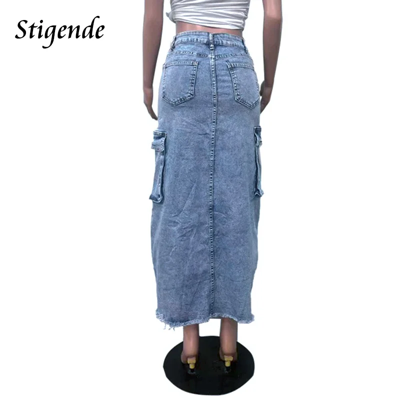 Stigende Women\'s High Split Ripped Denim Maxi Skirt with Multiple Pockets Distressed Lace Up Jeans Cargo Skirt Y2k