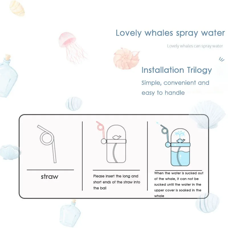 빨대가 달린 만화 수유 병, 여름 고래 물 스프레이, 누수 방지 어린이 컵, 귀여운 휴대용, 250ml